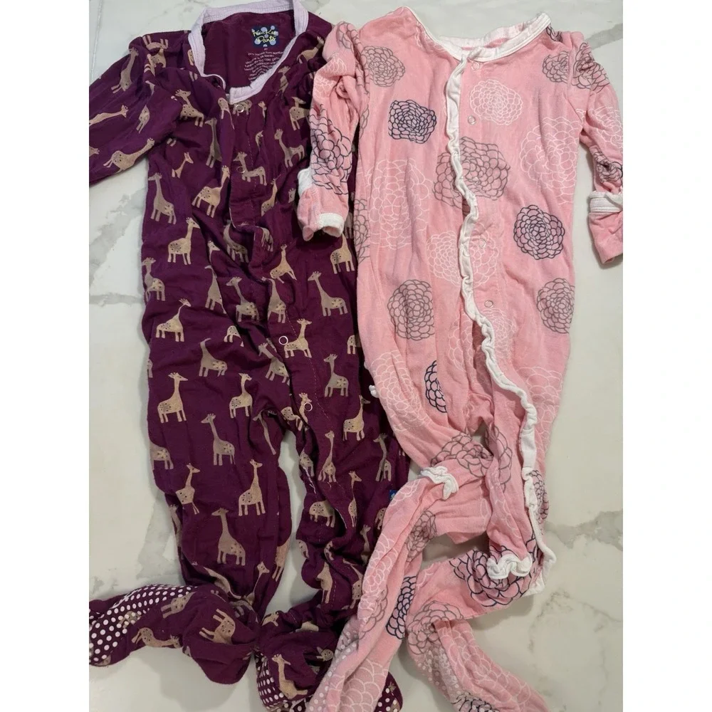 Kickee Pants Lot Of 2 Girl Bamboo Footies Sz 18-24 Mos/2T Ruffle Giraffe Floral